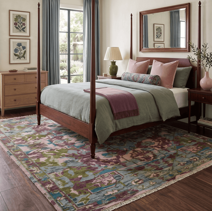 Custom Made Hand Knotted Transitional Green, Pink and Purple wool Area Rug