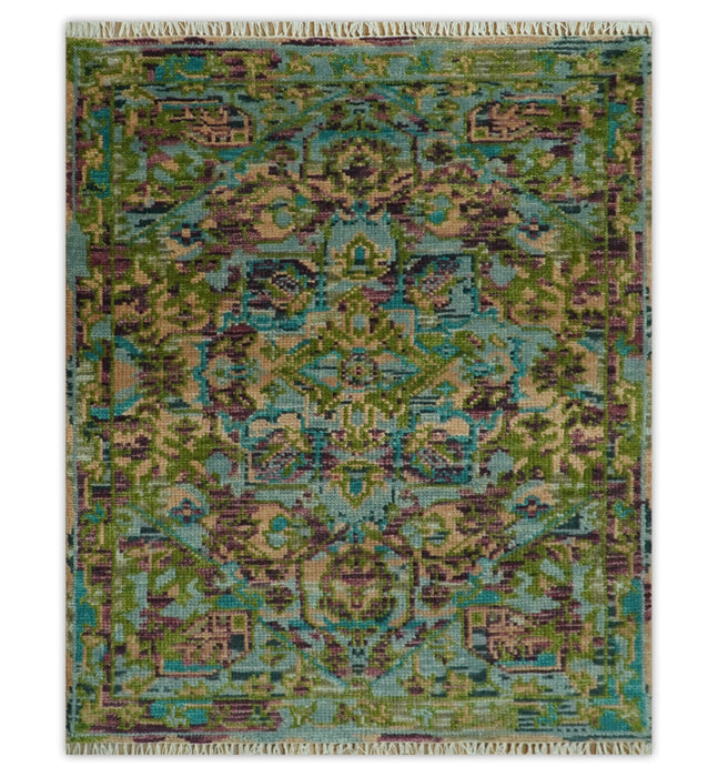 Custom Made Hand Knotted Transitional Green, Pink and Purple wool Area Rug
