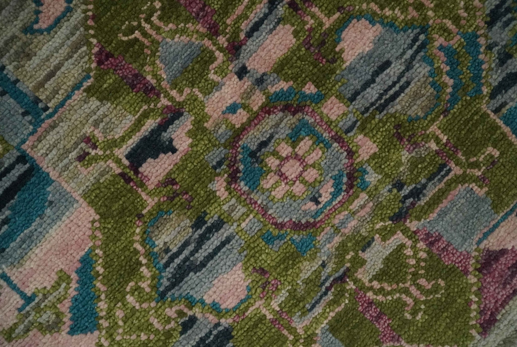Custom Made Hand Knotted Transitional Green, Pink and Purple wool Area Rug