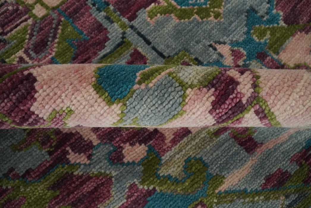 Custom Made Hand Knotted Transitional Green, Pink and Purple wool Area Rug