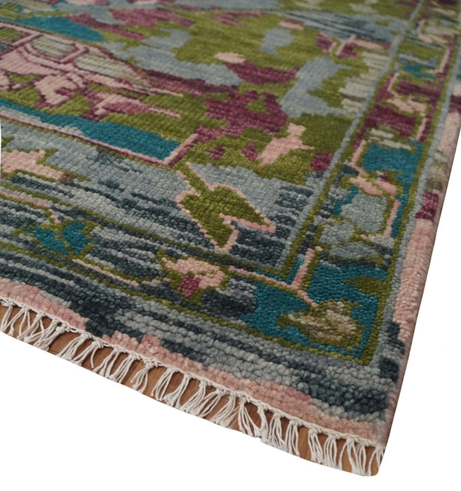 Custom Made Hand Knotted Transitional Green, Pink and Purple wool Area Rug