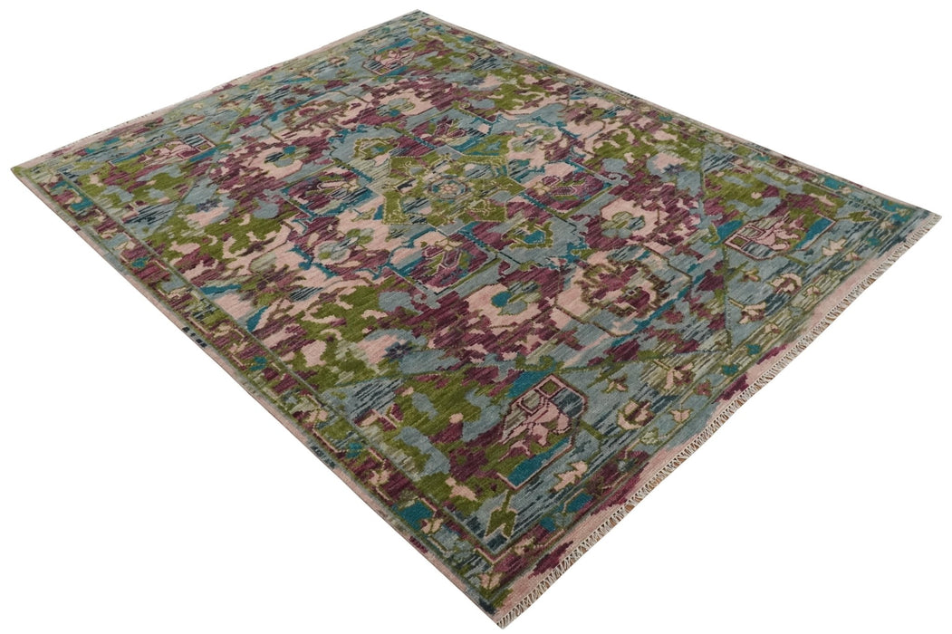 Custom Made Hand Knotted Transitional Green, Pink and Purple wool Area Rug