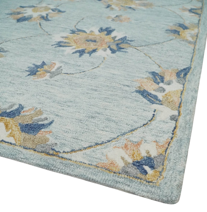 Custom Made Hand Tufted Gray, Peach and Blue Traditional Floral Antique Style Rug