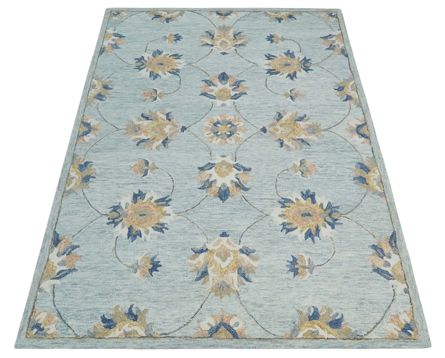 Custom Made Hand Tufted Gray, Peach and Blue Traditional Floral Antique Style Rug