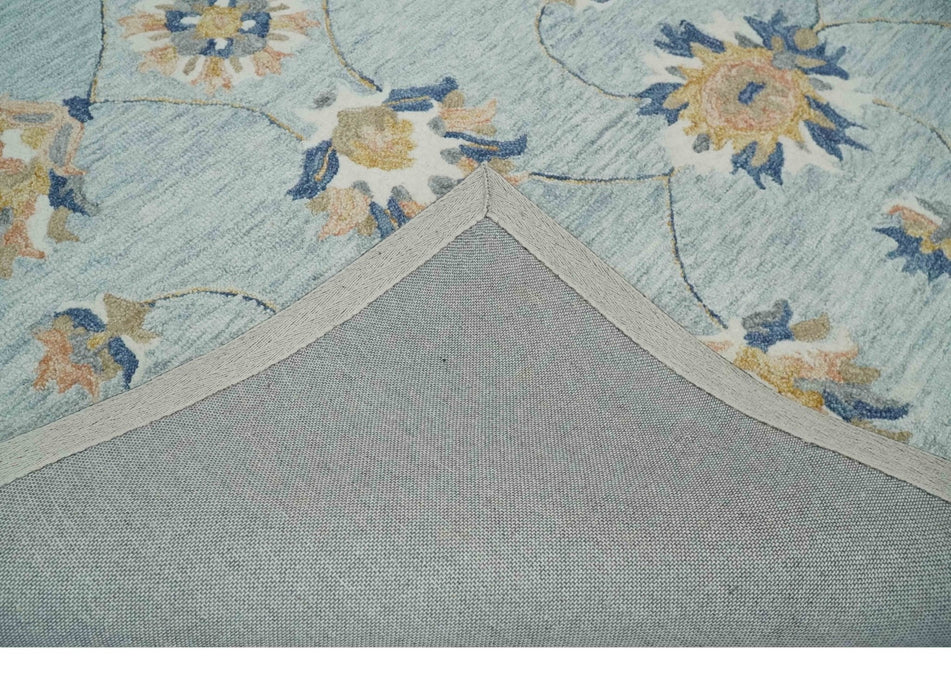 Custom Made Hand Tufted Gray, Peach and Blue Traditional Floral Antique Style Rug