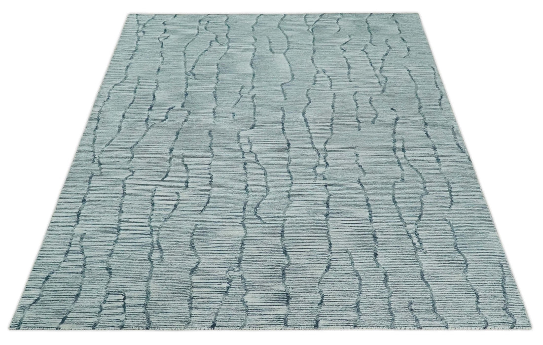 Custom Made Hand Tufted Multi Size Woolen Modern Ivory and Blue Area Rug