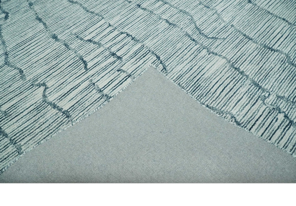 Custom Made Hand Tufted Multi Size Woolen Modern Ivory and Blue Area Rug