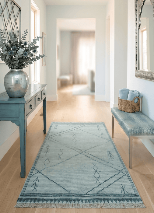 Custom Made Hand Woven Blue Abstract Trellis Moroccan Rug Made with Blended Wool