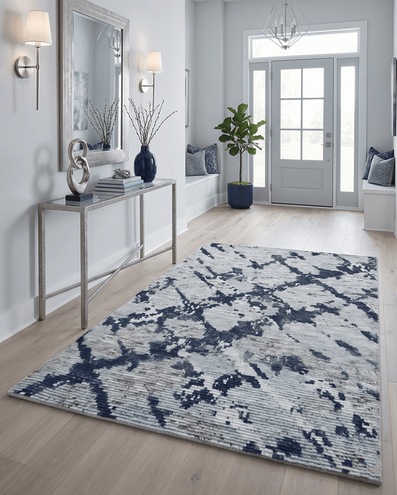 Custom Made Hand Woven Silver And Blue Abstract Trellis Moroccan Blended Wool Rug