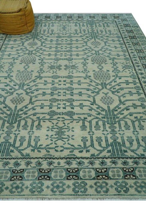 Custom Made Ivory And Gray Turkish Khotan Design Hand Knotted Wool Rug