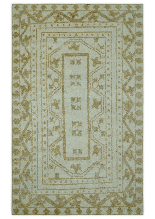 Custom Made Ivory and Olive Traditional Hand Knotted wool Area Rug