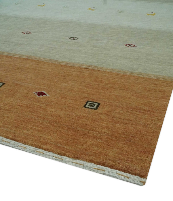 Custom Made Ivory, Beige and Rust Geometrical stripes Design Hand loom Wool Area Rug