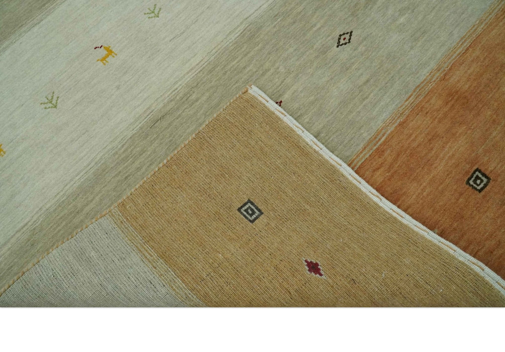 Custom Made Ivory, Beige and Rust Geometrical stripes Design Hand loom Wool Area Rug