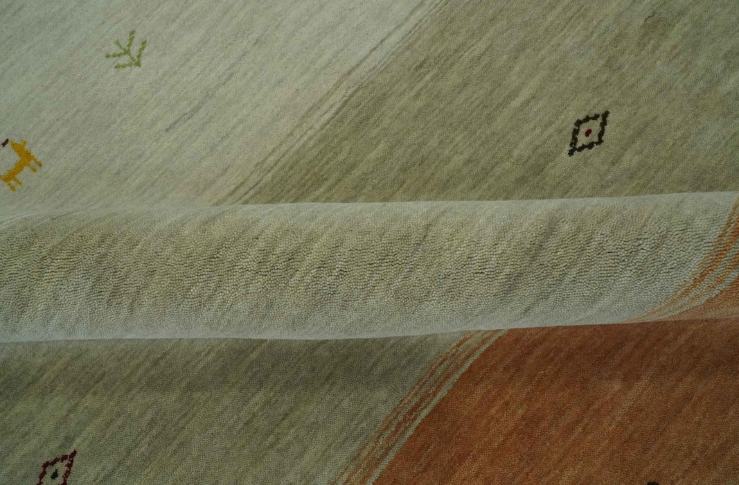 Custom Made Ivory, Beige and Rust Geometrical stripes Design Hand loom Wool Area Rug