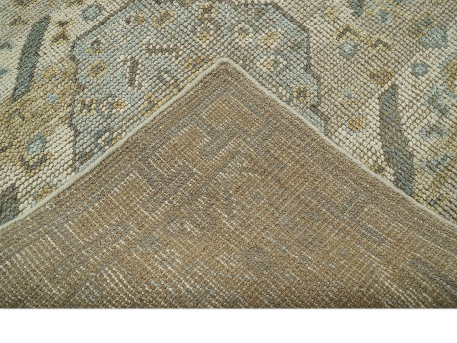 Custom Made Ivory, Brown and Blue Traditional Hand Knotted Wool Area Rug