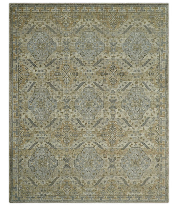 Custom Made Ivory, Brown and Blue Traditional Hand Knotted Wool Area Rug
