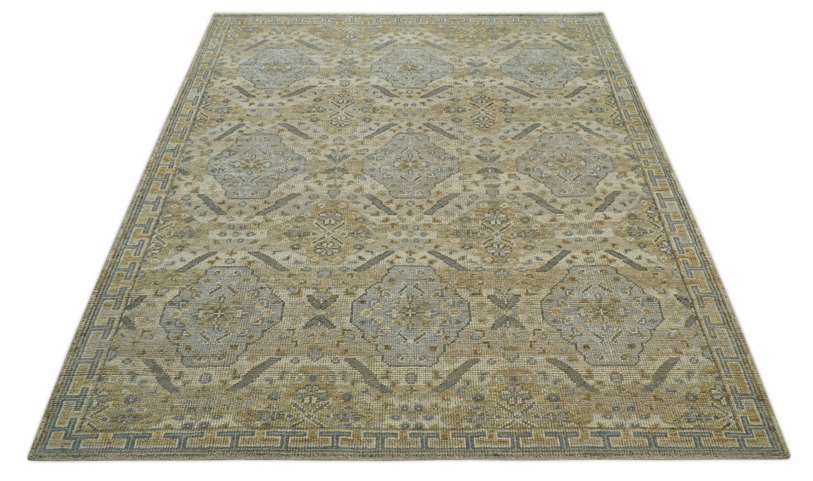 Custom Made Ivory, Brown and Blue Traditional Hand Knotted Wool Area Rug
