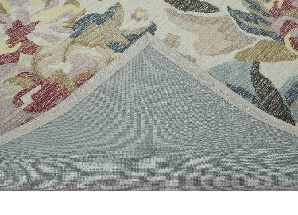 Custom Made Ivory, Charcoal and Olive Floral Design Colorful Hand Tufted wool rug
