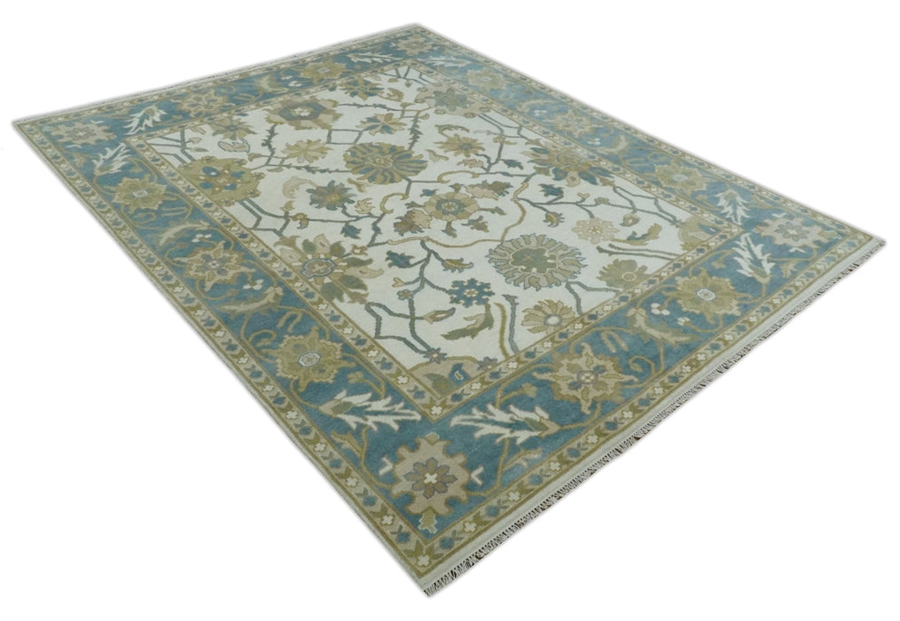 Custom Made Ivory, Gray and Beige Floral Hand Knotted Traditional Oushak Wool Rug
