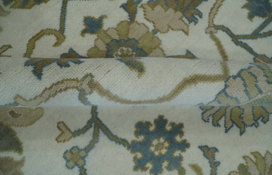 Custom Made Ivory, Gray and Beige Floral Hand Knotted Traditional Oushak Wool Rug