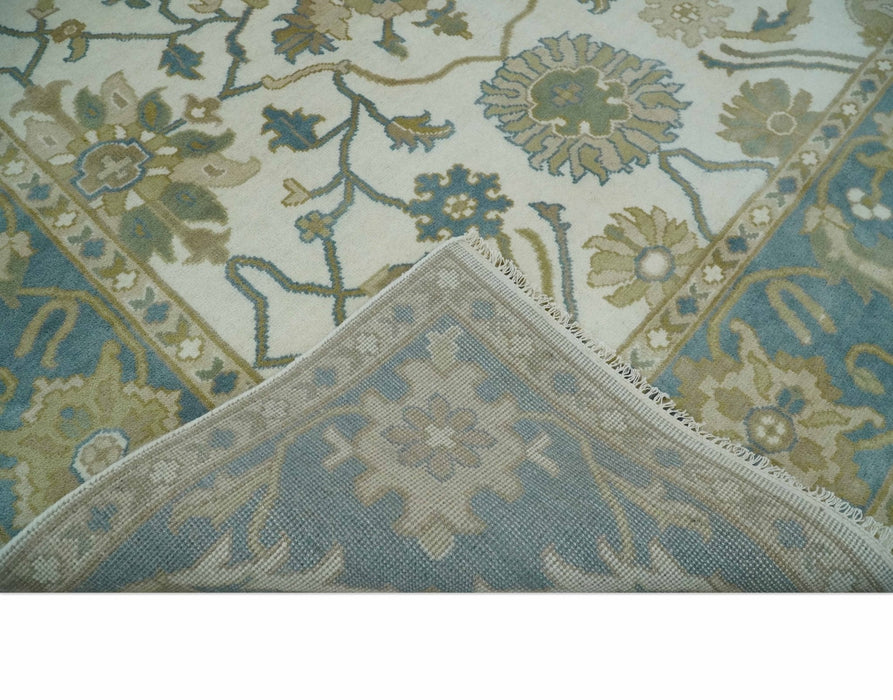 Custom Made Ivory, Gray and Beige Floral Hand Knotted Traditional Oushak Wool Rug