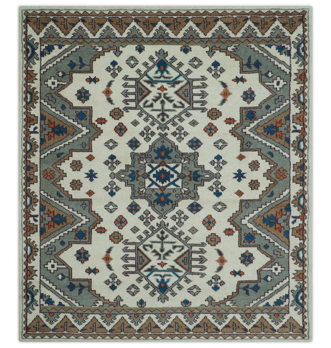 Custom Made Ivory, Gray and Camel Traditional Hand knotted Wool Area Rug
