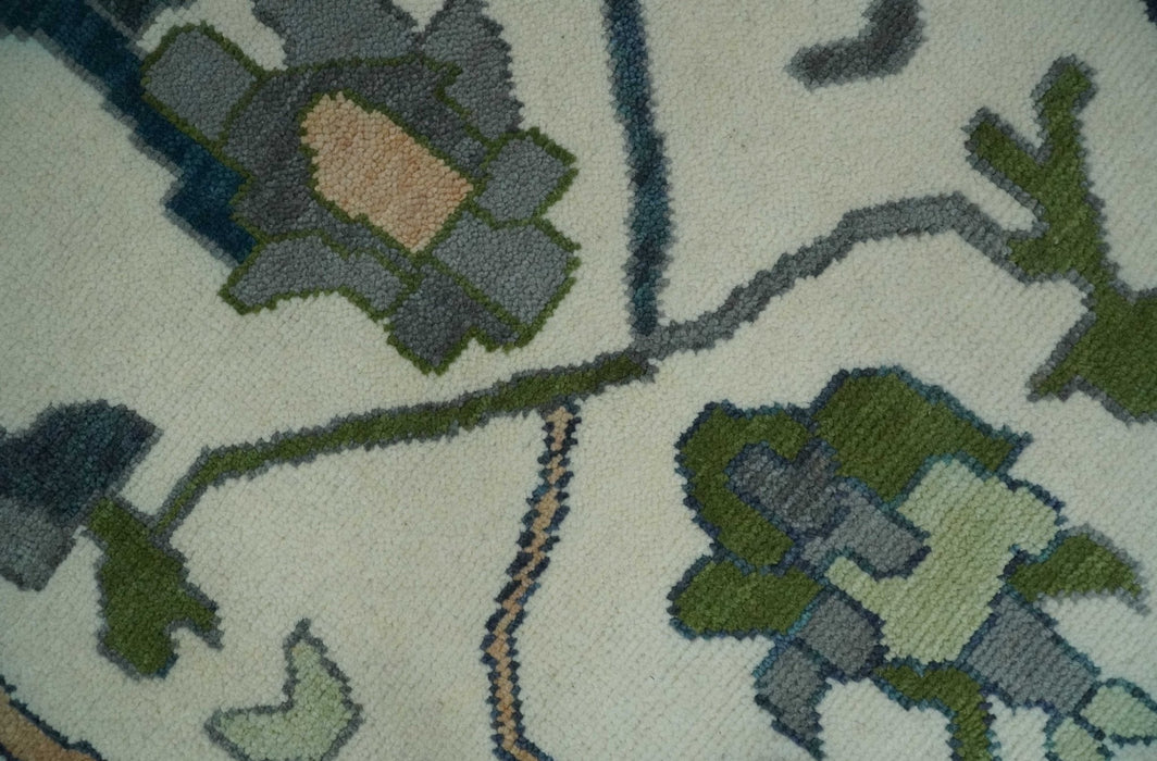 Custom Made Ivory, Gray and Green Hand knotted Traditional Oushak Wool Area Rug