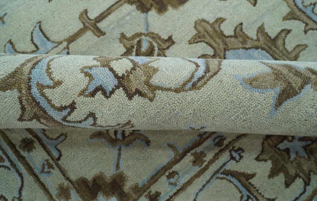Custom Made Ivory, Taupe and Aqua Traditional Hand Tufted wool area rug