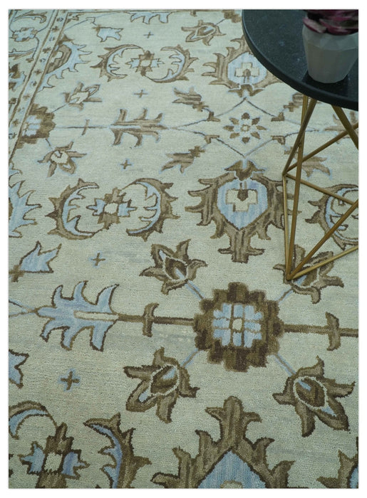 Custom Made Ivory, Taupe and Aqua Traditional Hand Tufted wool area rug