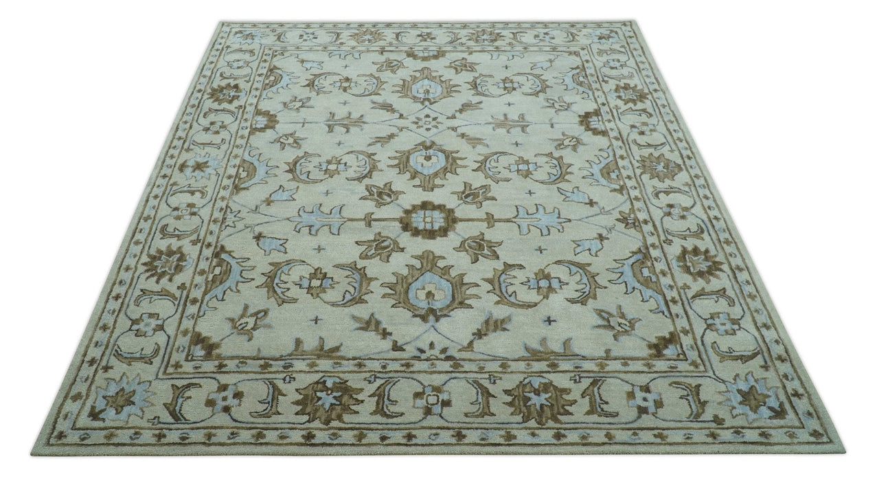 Custom Made Ivory, Taupe and Aqua Traditional Hand Tufted wool area rug