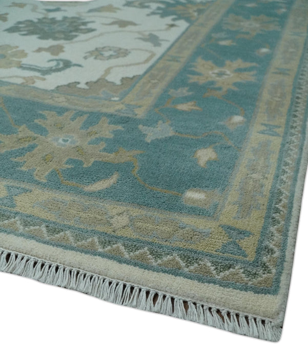 Custom Made Ivory, Teal and Beige Floral Hand Knotted Traditional Oushak Wool Area Rug