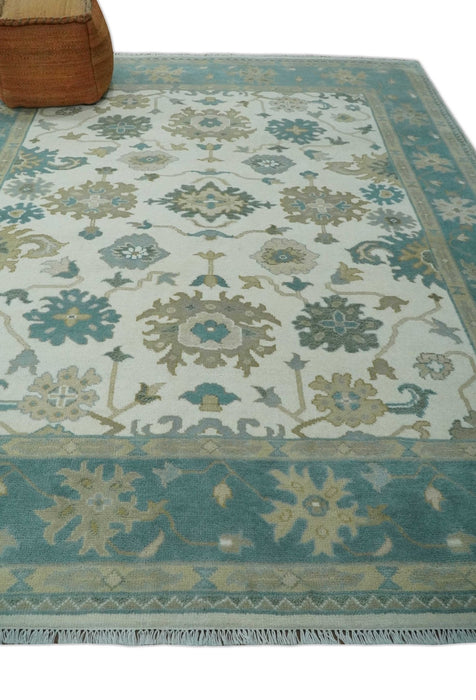 Custom Made Ivory, Teal and Beige Floral Hand Knotted Traditional Oushak Wool Area Rug