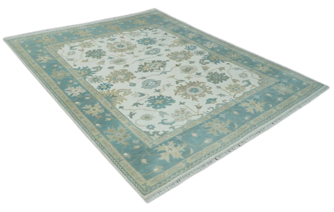 Custom Made Ivory, Teal and Beige Floral Hand Knotted Traditional Oushak Wool Area Rug
