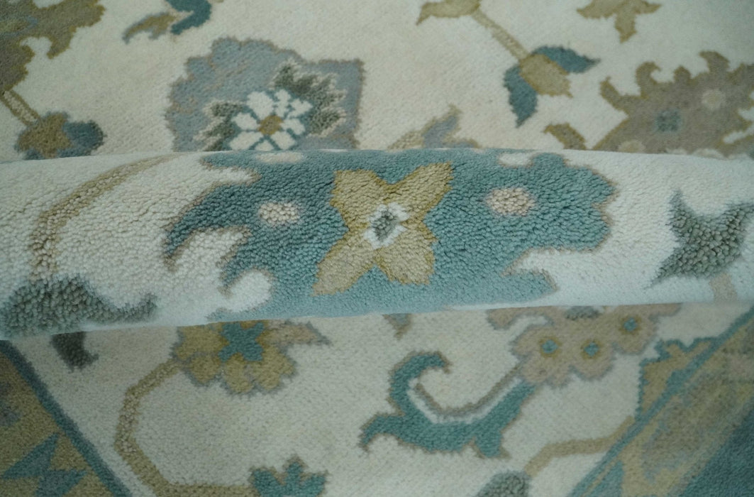 Custom Made Ivory, Teal and Beige Floral Hand Knotted Traditional Oushak Wool Area Rug