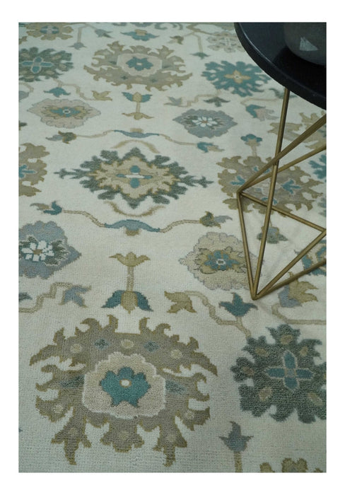Custom Made Ivory, Teal and Beige Floral Hand Knotted Traditional Oushak Wool Area Rug