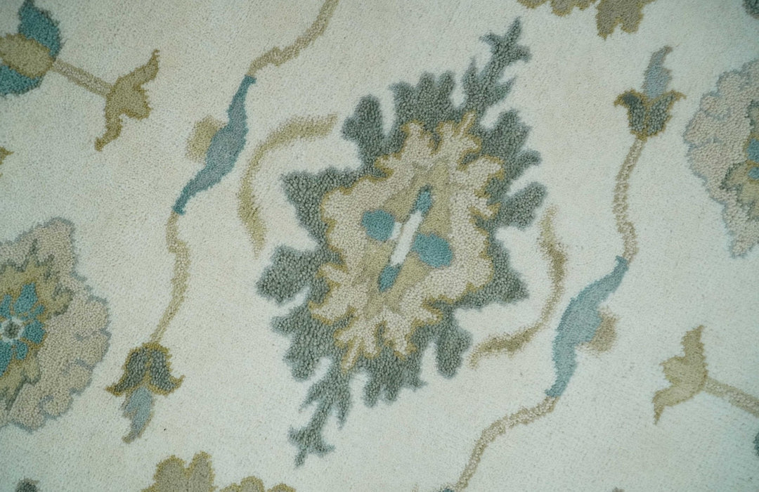 Custom Made Ivory, Teal and Beige Floral Hand Knotted Traditional Oushak Wool Area Rug