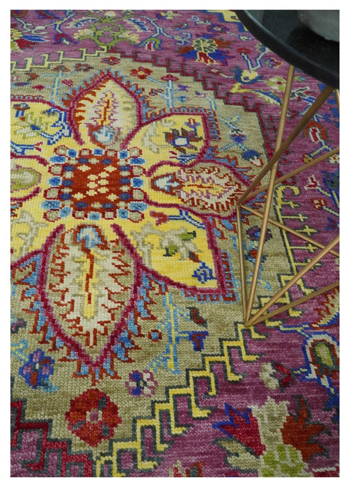 Custom Made Light Green and Purple Medallion Traditional Hand Knotted Wool Area Rug