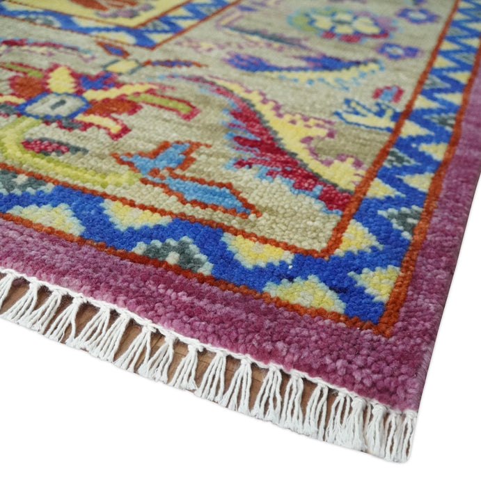 Custom Made Light Green and Purple Medallion Traditional Hand Knotted Wool Area Rug