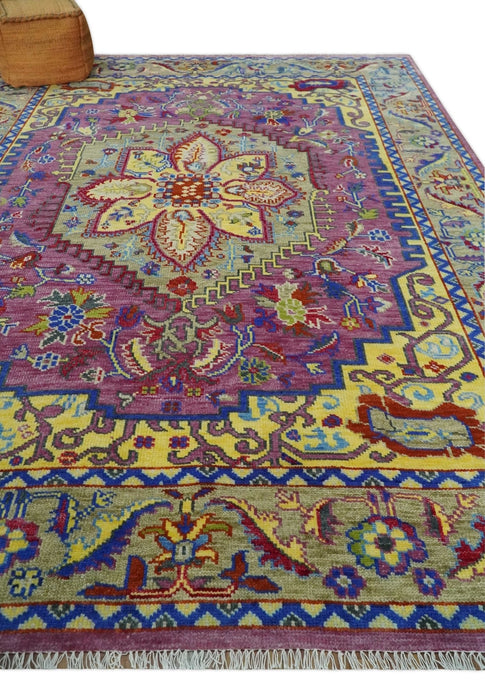 Custom Made Light Green and Purple Medallion Traditional Hand Knotted Wool Area Rug