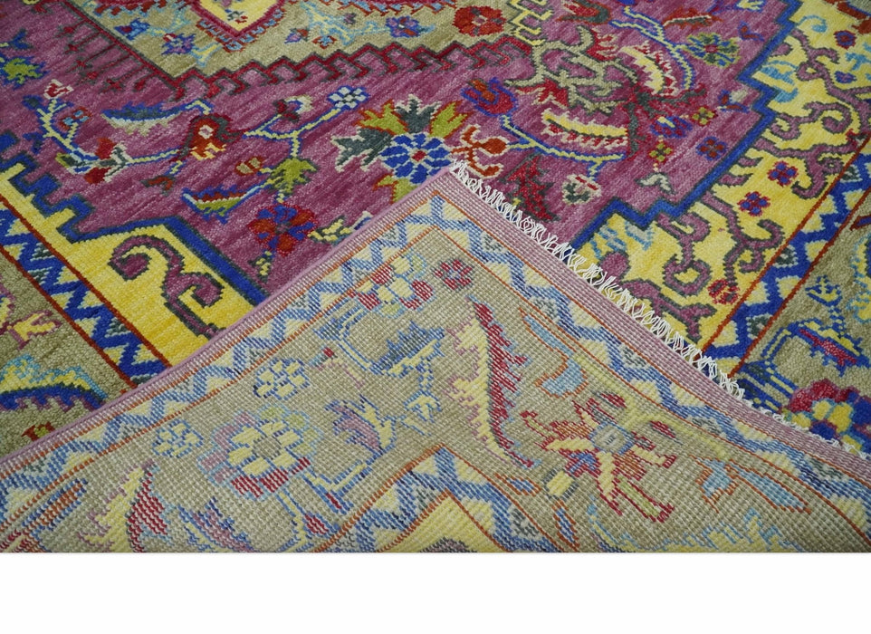 Custom Made Light Green and Purple Medallion Traditional Hand Knotted Wool Area Rug