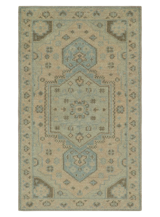 Custom Made Low Pile Hand Knotted Peach and Blue Traditional Design Wool Area Rug
