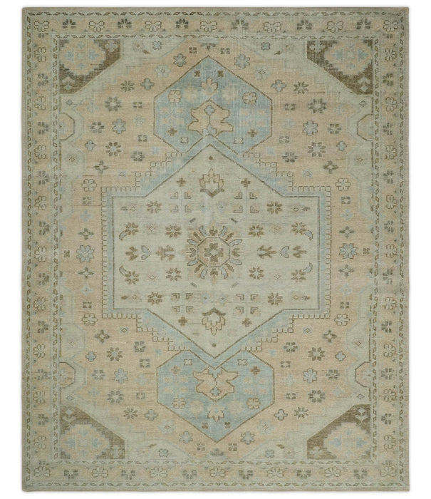 Custom Made Low Pile Hand Knotted Peach and Blue Traditional Design Wool Area Rug