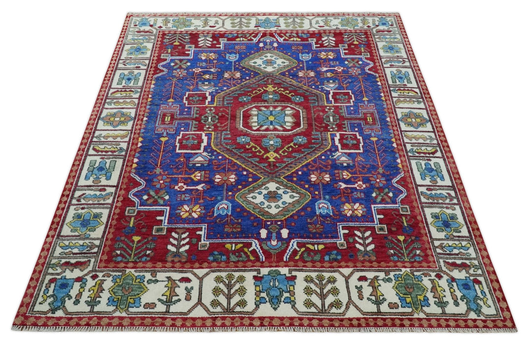 Custom Made Maroon, Blue and ivory Hand Knotted Traditional Wool Rug