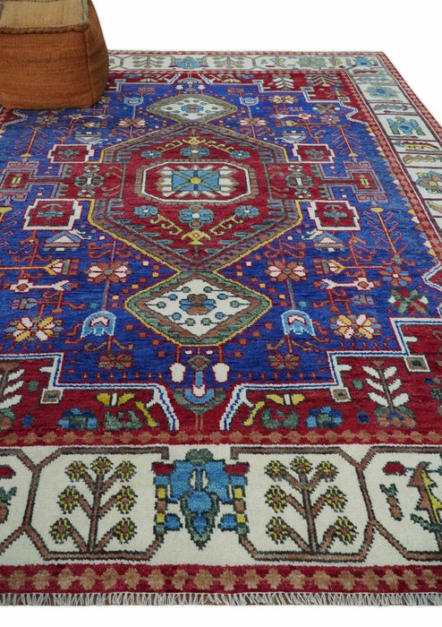 Custom Made Maroon, Blue and ivory Hand Knotted Traditional Wool Rug