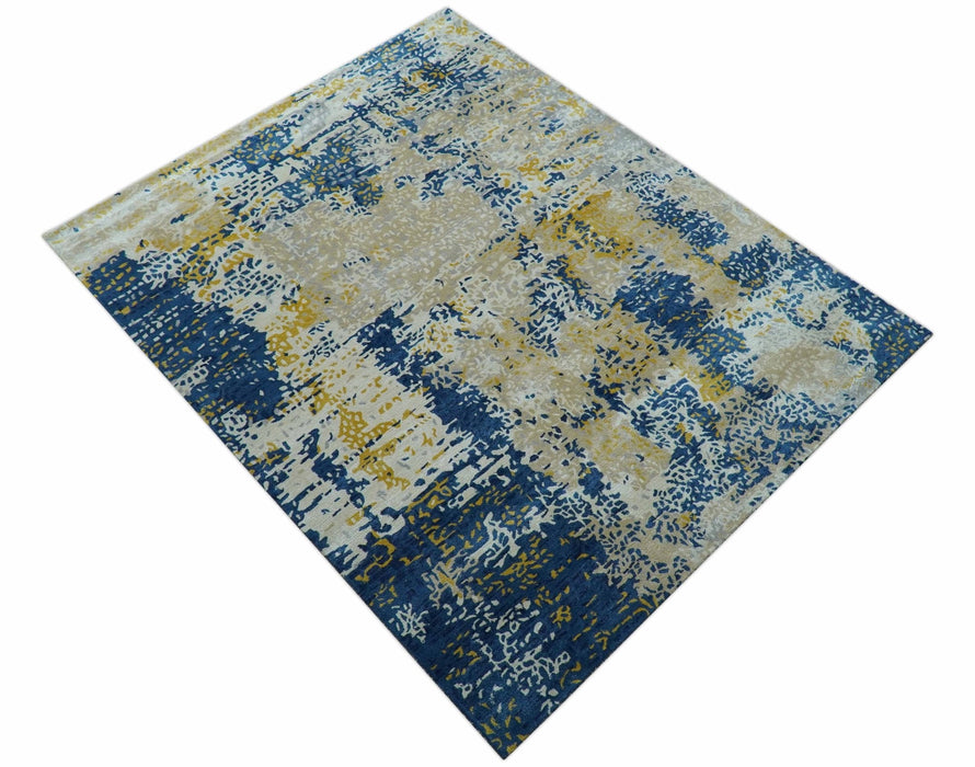 Custom Made Modern Abstract Blue And Beige Hand Tufted Wool-Art Silk Rug