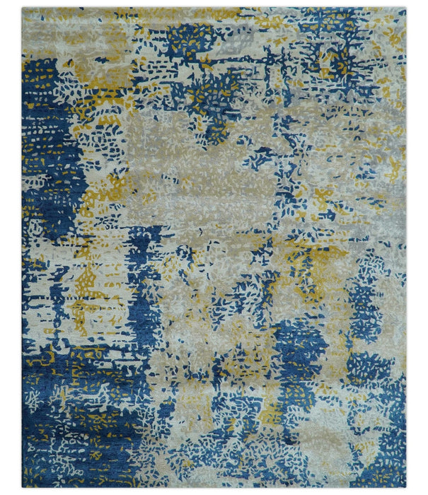 Custom Made Modern Abstract Blue And Beige Hand Tufted Wool-Art Silk Rug