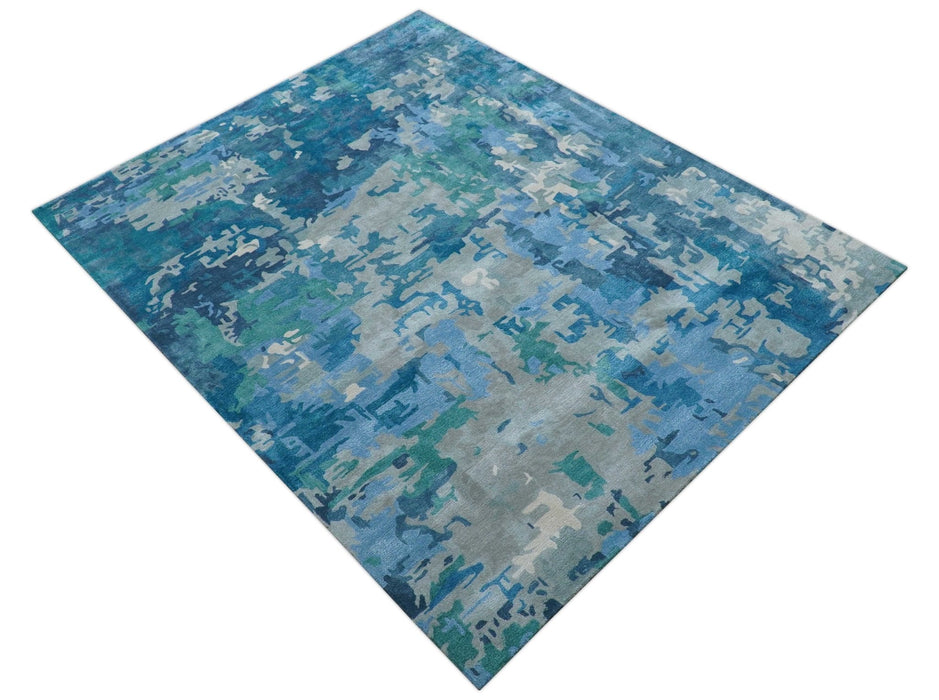 Custom Made Modern Abstract Blue Hand Tufted Wool Art-Silk Rug