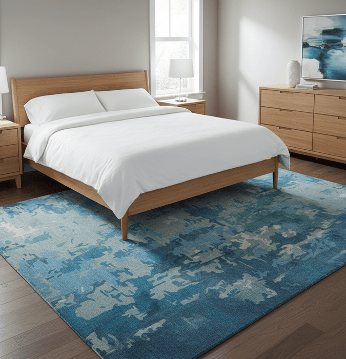 Custom Made Modern Abstract Blue Hand Tufted Wool Art-Silk Rug
