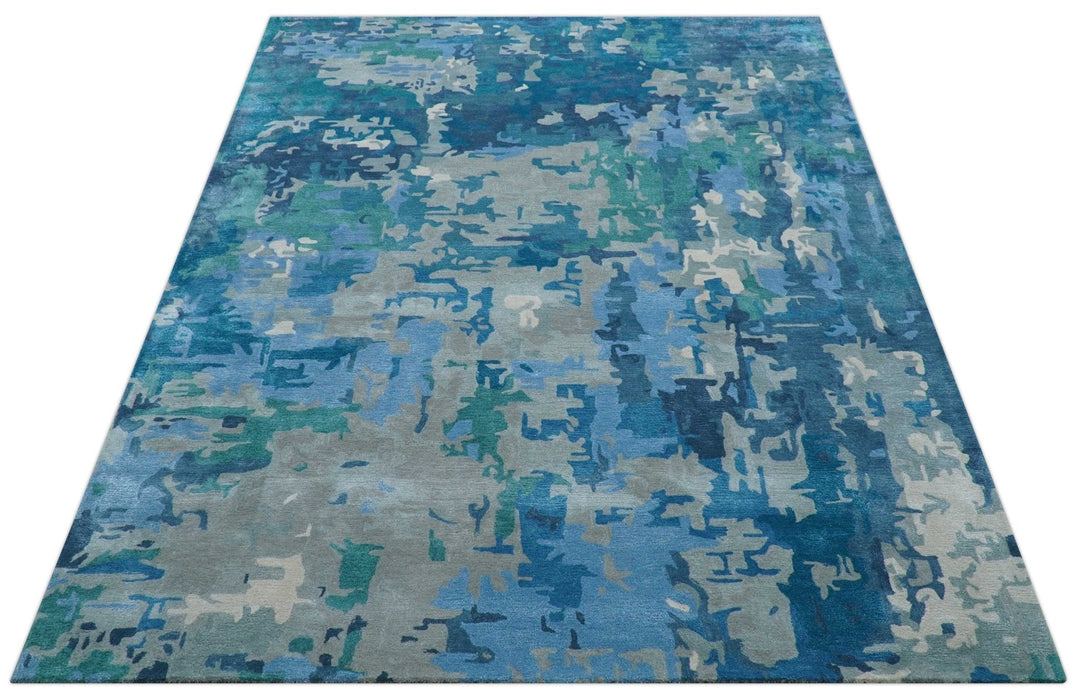 Custom Made Modern Abstract Blue Hand Tufted Wool Art-Silk Rug