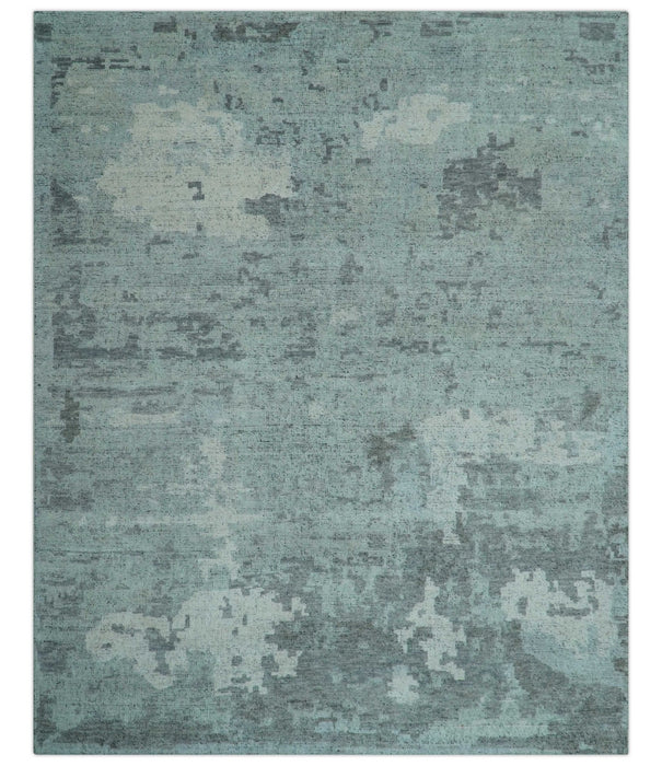 Custom Made Modern Abstract Design Blue And Gray Hand Knotted Wool Area Rug